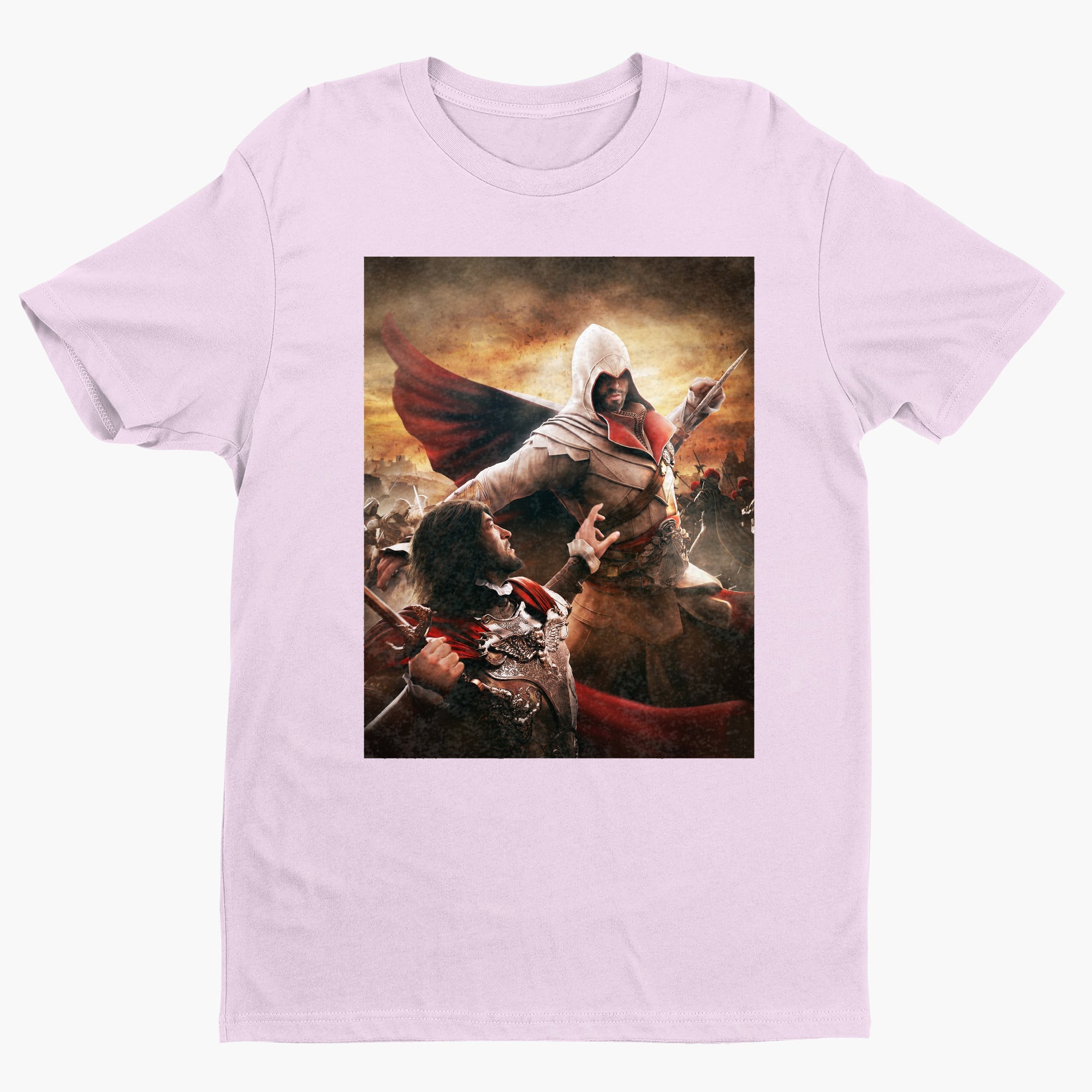 Assassin's Creed Brotherhood Ezio vs Cesare Borgia tee - light pink unisex t-shirt, front view