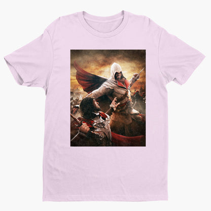 Assassin's Creed Brotherhood Ezio vs Cesare Borgia tee - light pink unisex t-shirt, front view