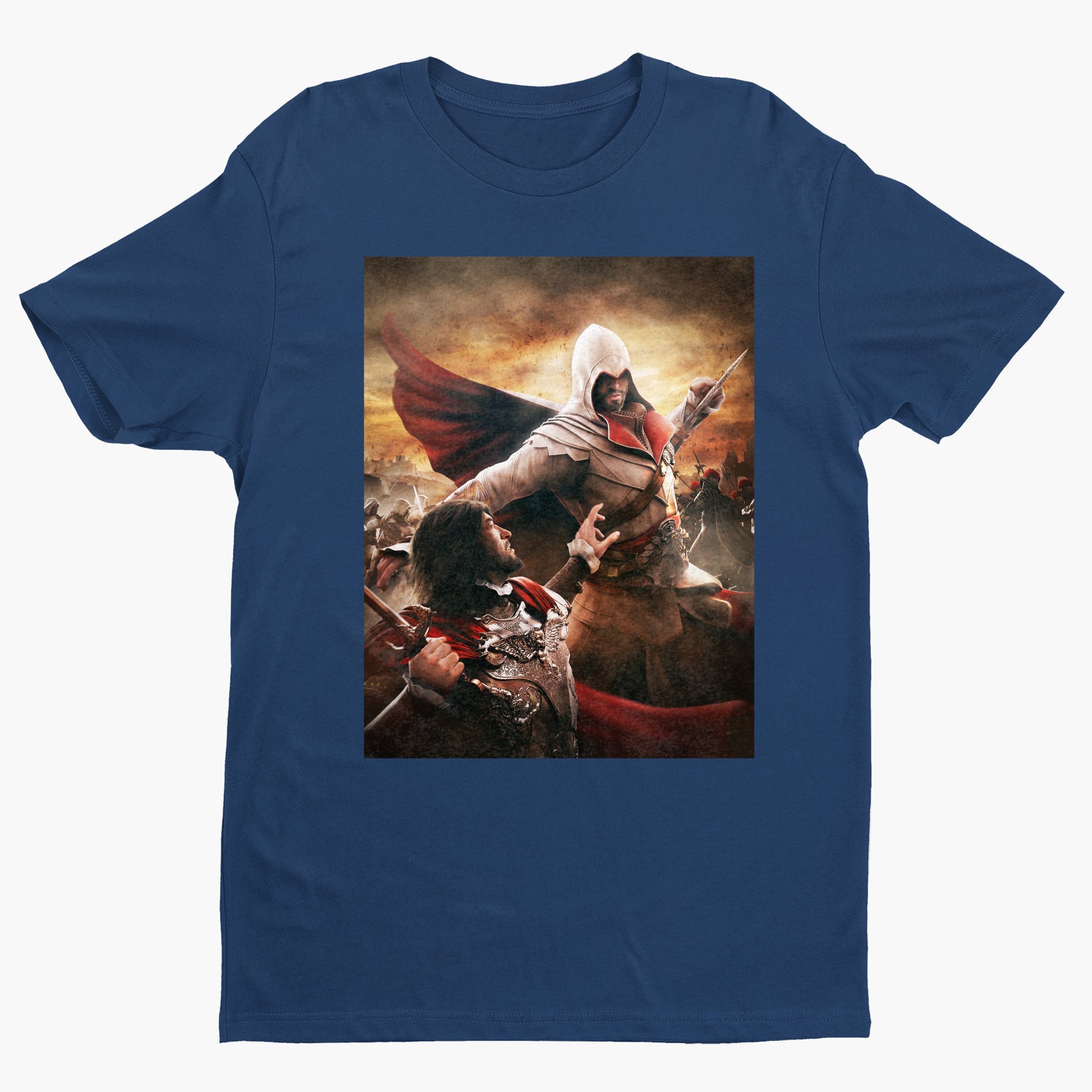 Assassin's Creed Brotherhood Ezio vs Cesare Borgia tee - navy unisex t-shirt, front view