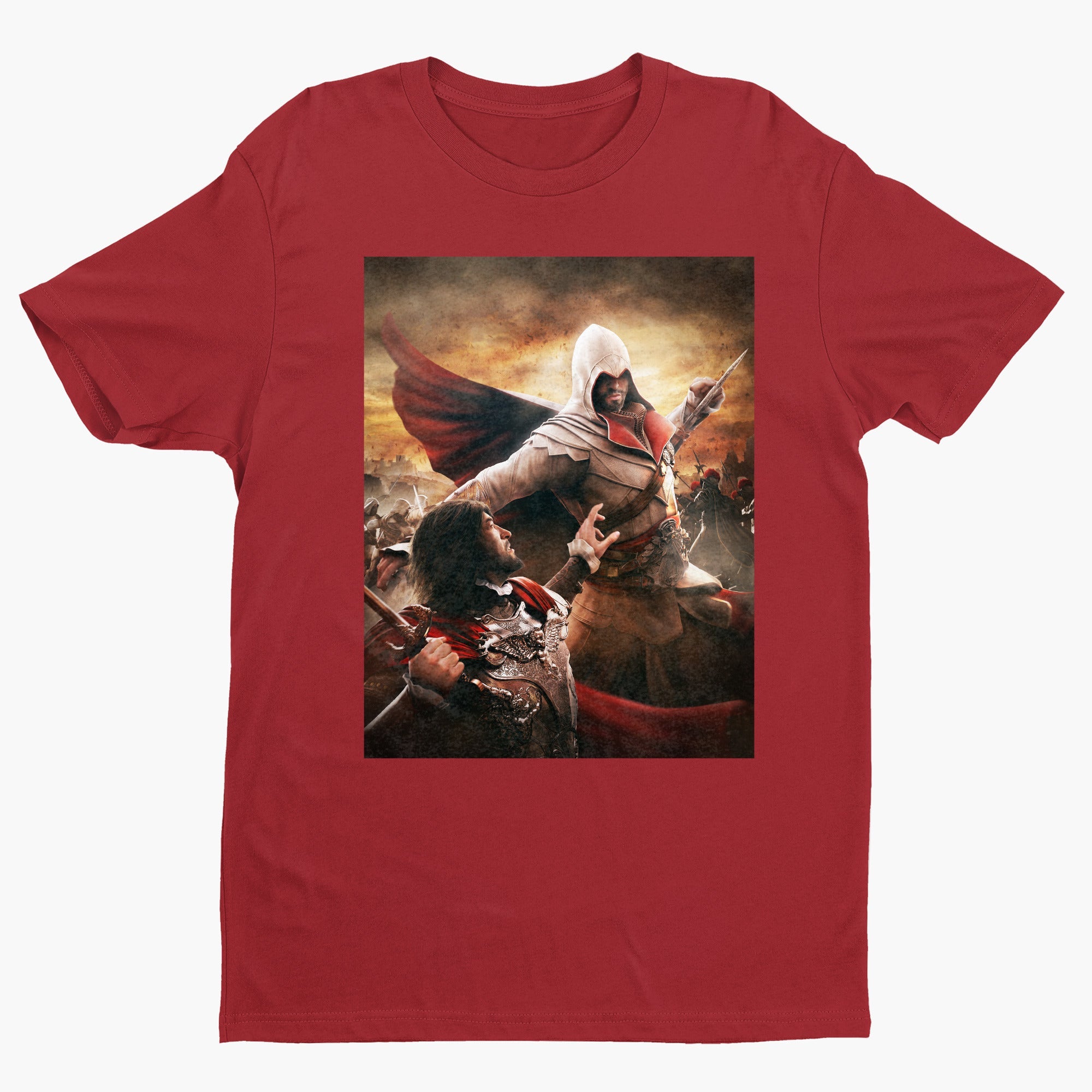 Assassin's Creed Brotherhood Ezio vs Cesare Borgia tee - red unisex t-shirt, front view