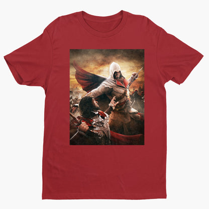 Assassin's Creed Brotherhood Ezio vs Cesare Borgia tee - red unisex t-shirt, front view