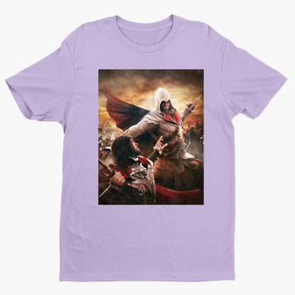 Assassin's Creed Brotherhood Ezio vs Cesare Borgia tee - violet unisex t-shirt, front view