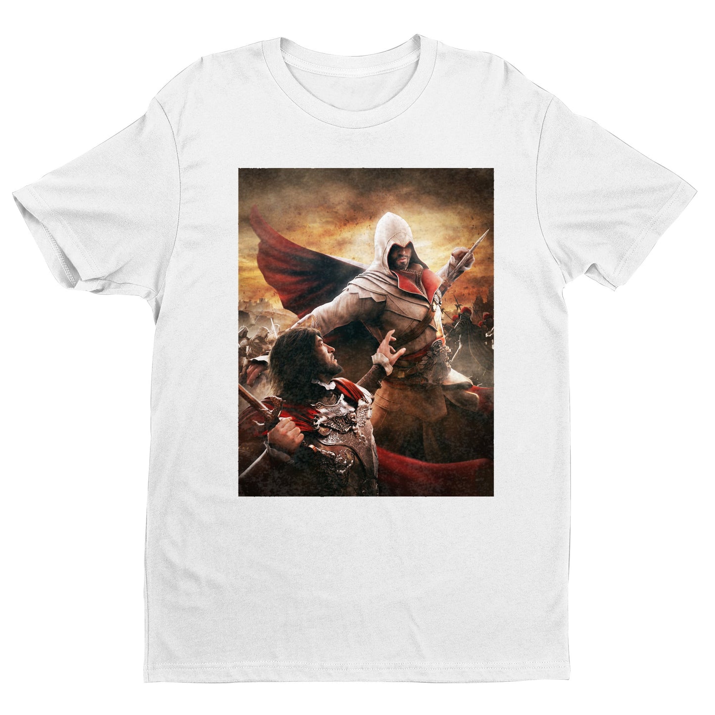 Assassin's Creed Brotherhood Ezio vs Cesare Borgia tee - white unisex t-shirt, front view