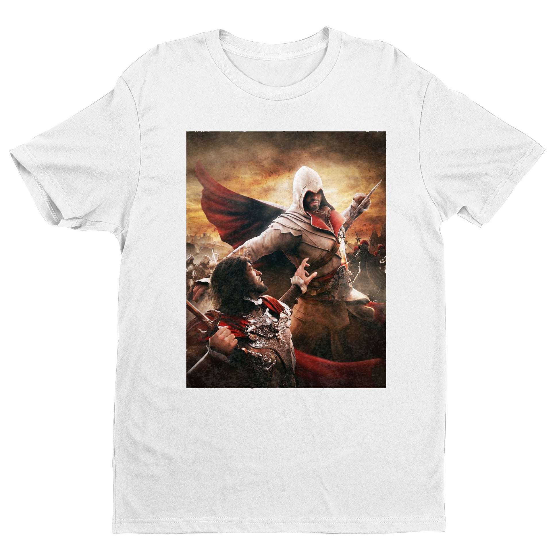 Assassin's Creed Brotherhood Ezio vs Cesare Borgia tee - white unisex t-shirt, front view