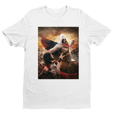 Assassin's Creed Brotherhood Ezio vs Cesare Borgia tee - white unisex t-shirt, front view