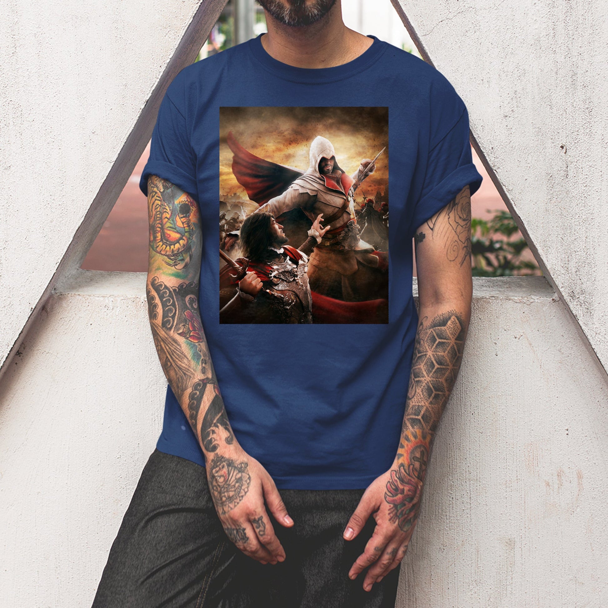 Assassin's Creed Brotherhood Ezio vs Cesare Borgia tee worn by a model, navy