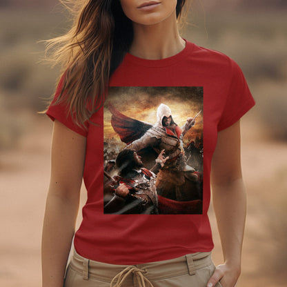 Assassin's Creed Brotherhood Ezio vs Cesare Borgia tee worn by a model, red