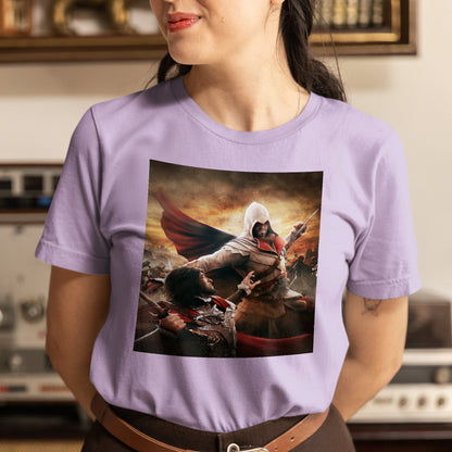 Assassin's Creed Brotherhood Ezio vs Cesare Borgia tee worn by a model, violet