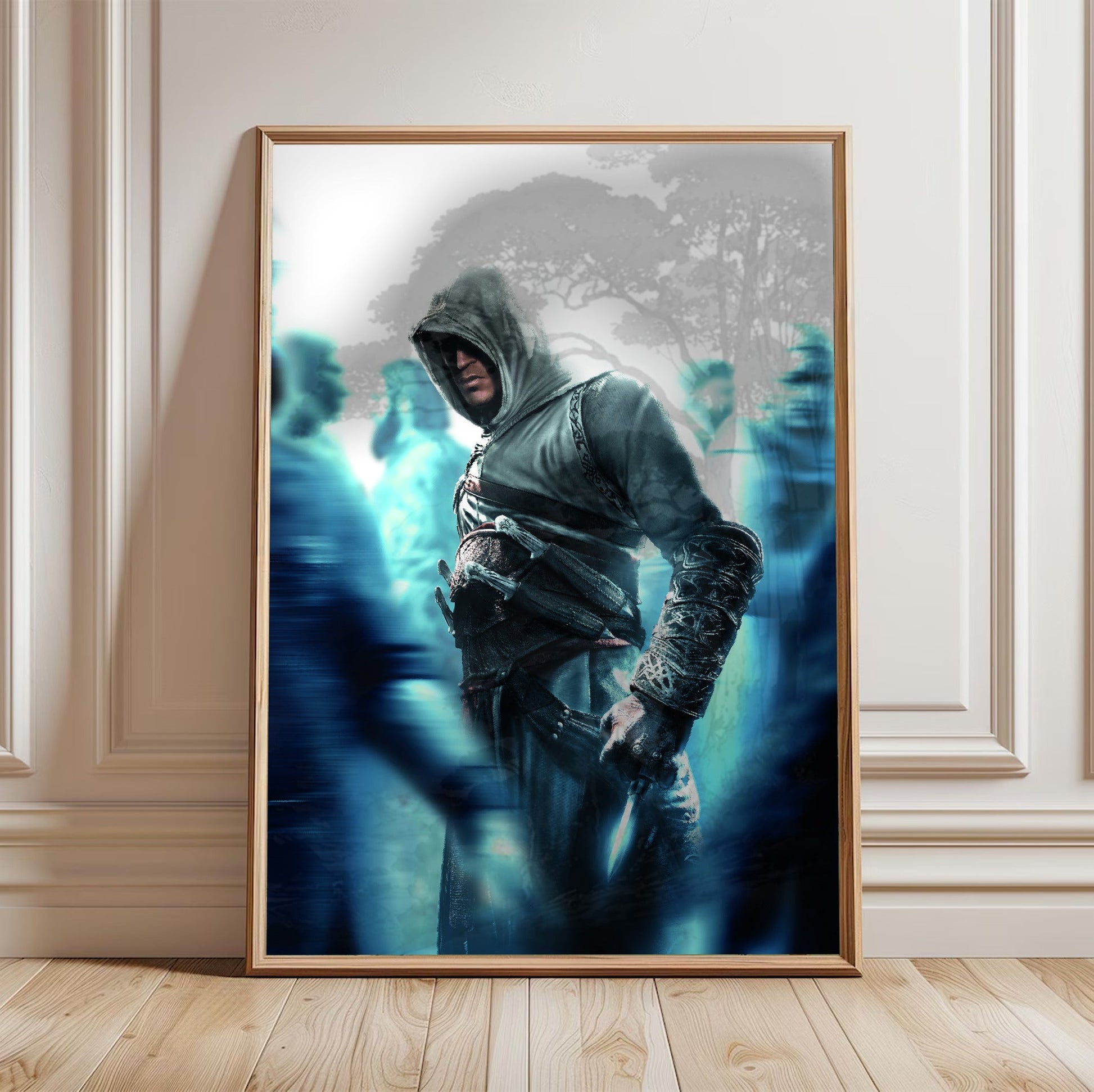 Assassin's Creed crowd key art in a light oak frame leaning against a white wall