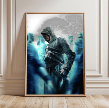 Assassin's Creed crowd key art in a light oak frame leaning against a white wall