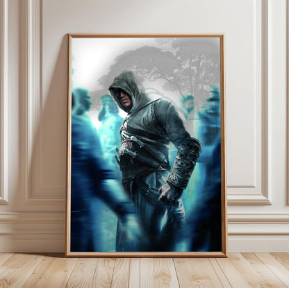 Assassin's Creed crowd key art in a light oak frame leaning against a white wall