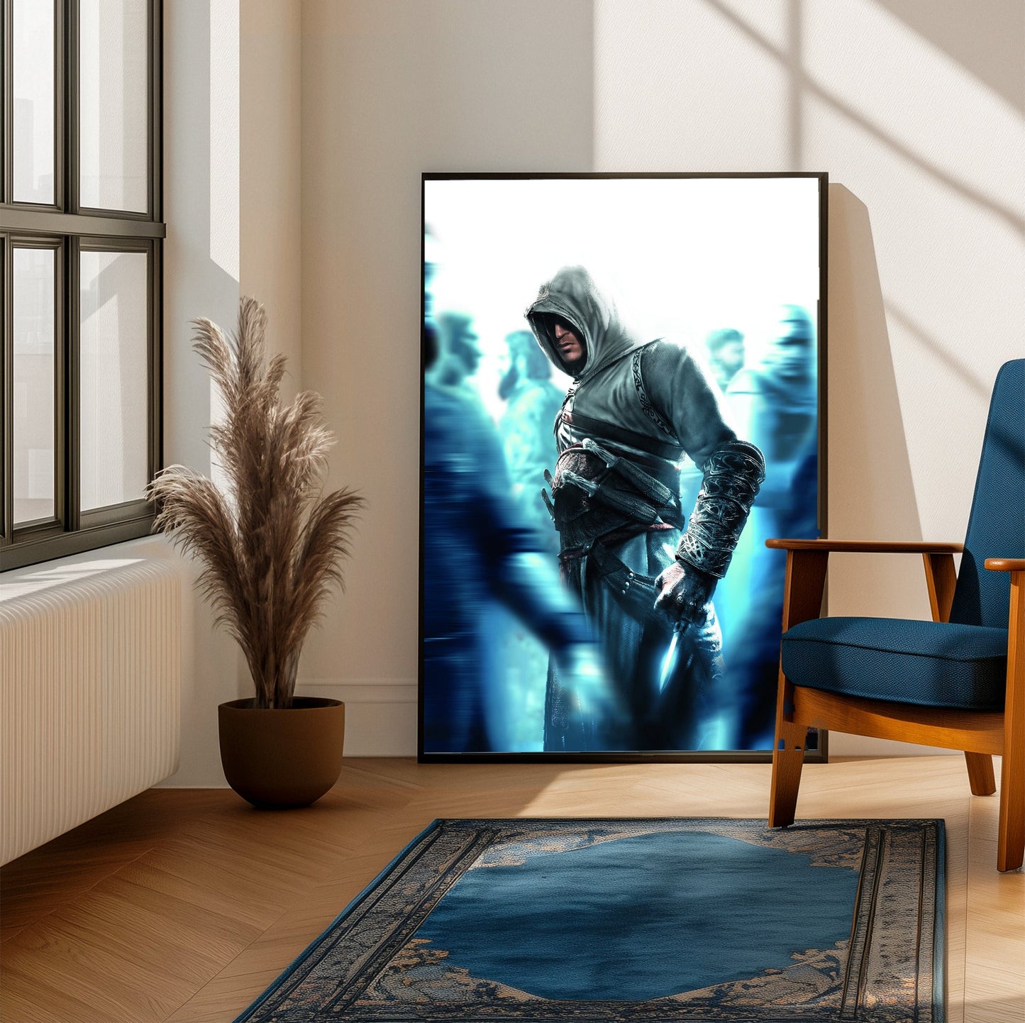 Assassin's Creed crowd key art framed beside a blue armchair in a sunlit room