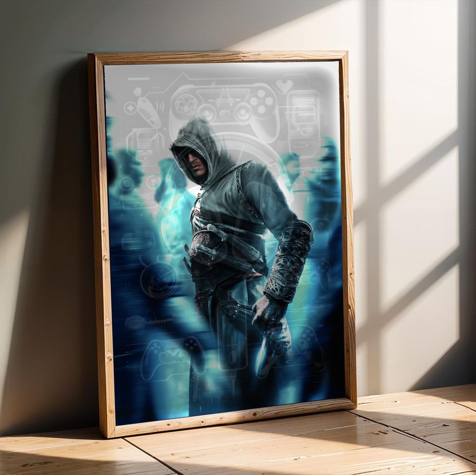 Assassin's Creed crowd key art in an oak frame leaning on a wooden floor