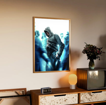 Assassin's Creed crowd key art in an oak frame above a sideboard