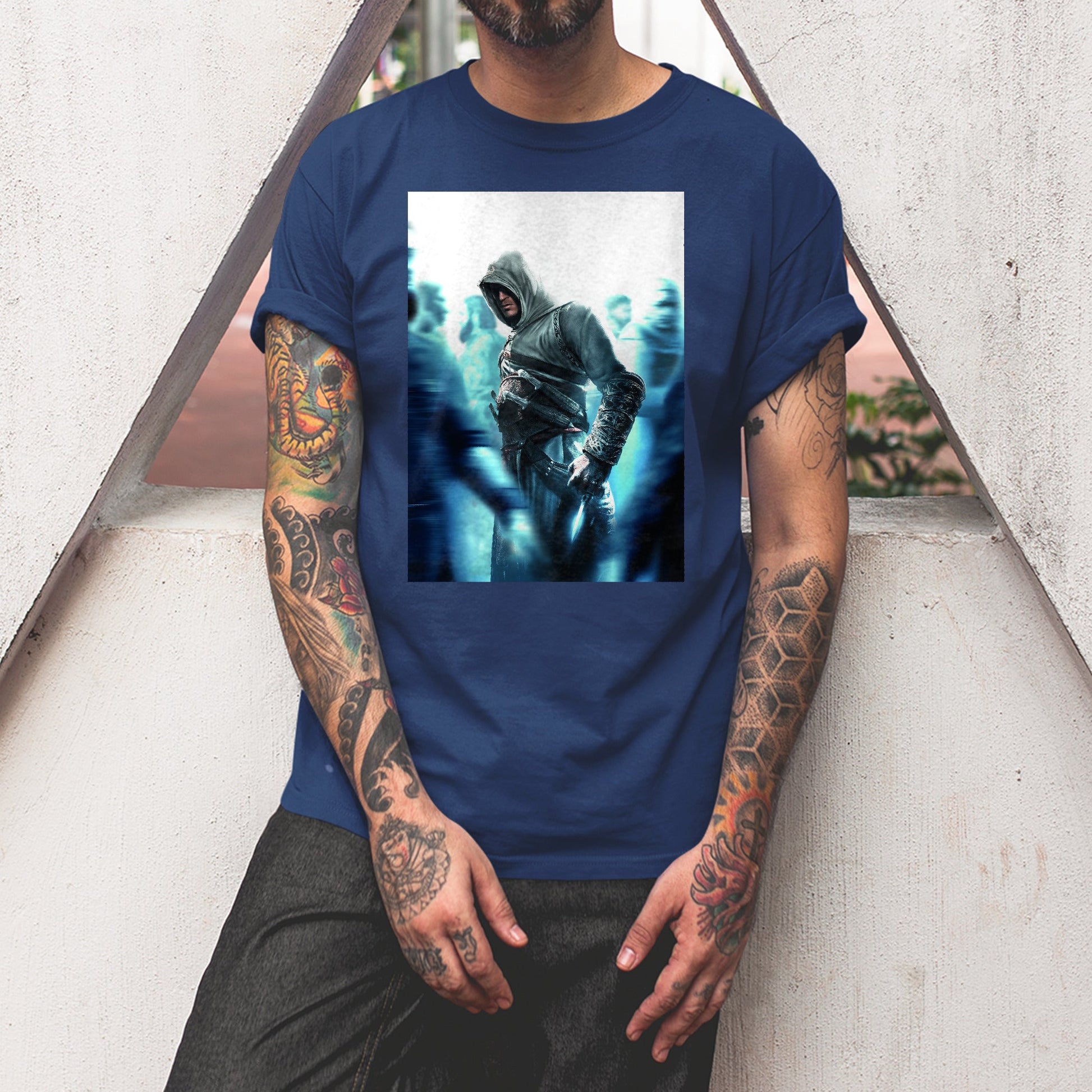 Assassin's Creed crowd key art tee worn by a model, navy