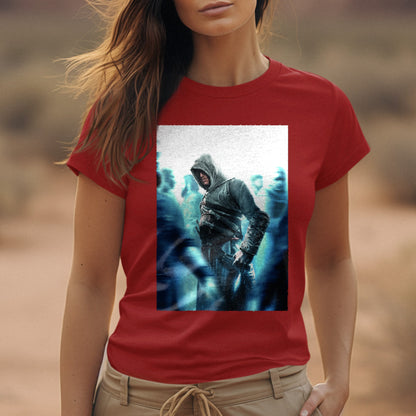Assassin's Creed crowd key art tee worn by a model, red