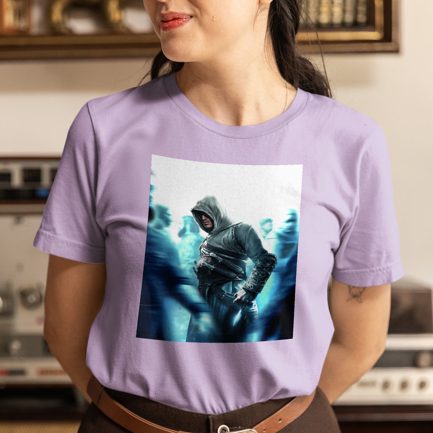 Assassin's Creed crowd key art tee worn by a model, violet