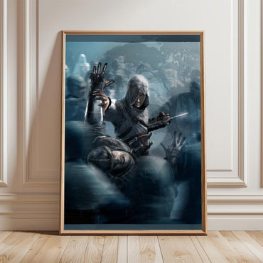 Assassin's Creed key visual 03 in a light oak frame leaning against a white wall
