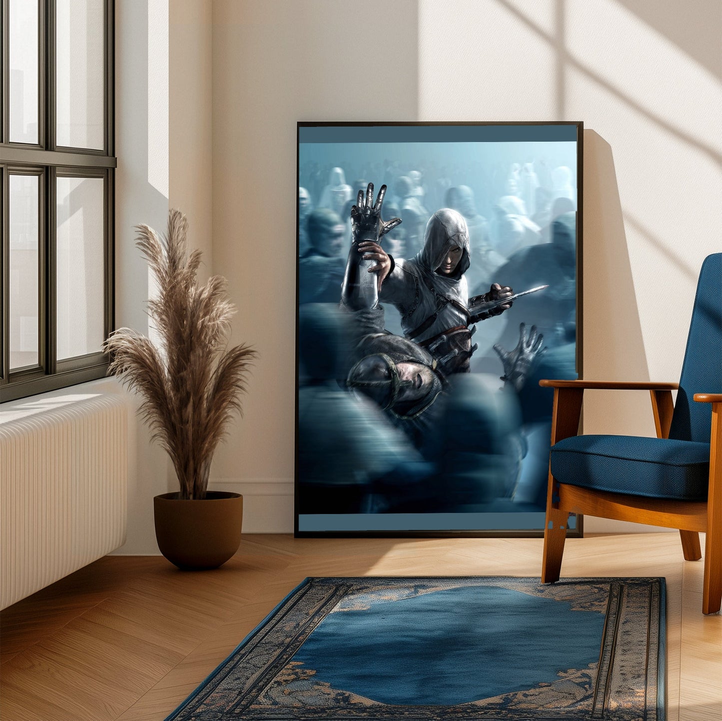 Assassin's Creed key visual 03 framed beside a blue armchair in a sunlit room