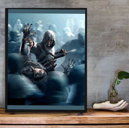 Assassin's Creed key visual 03 in a black frame on a wooden shelf against concrete