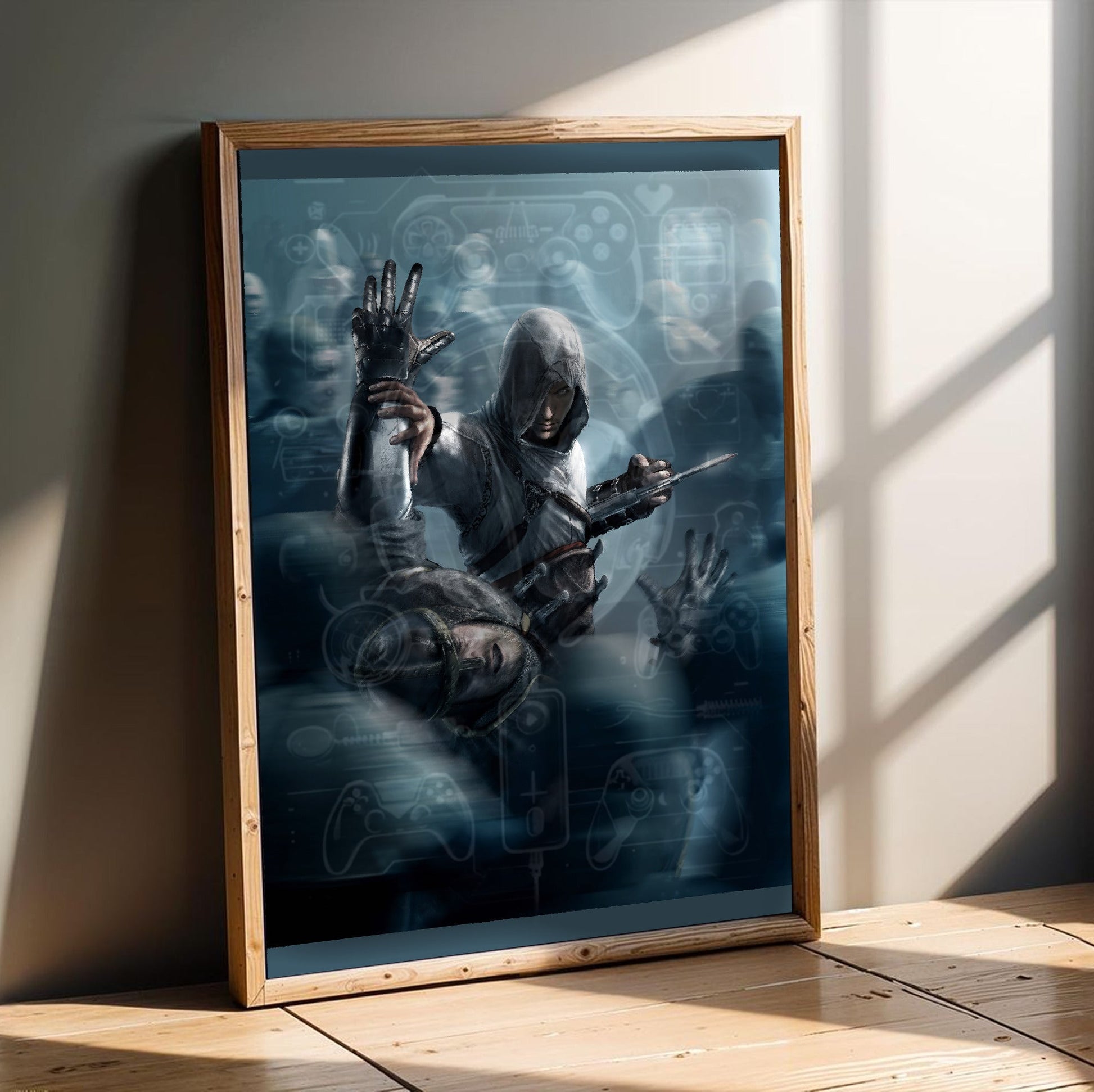 Assassin's Creed key visual 03 in an oak frame leaning on a wooden floor