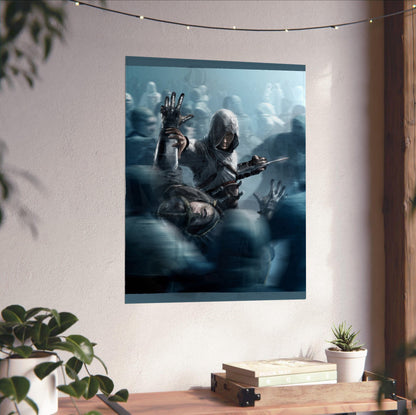 Assassin's Creed key visual 03 unframed on a white wall above a desk