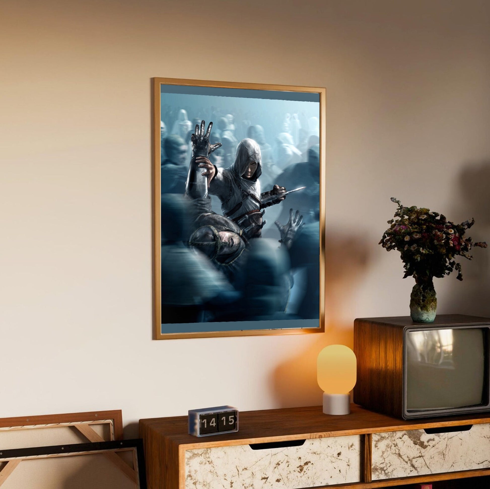 Assassin's Creed key visual 03 in an oak frame above a sideboard