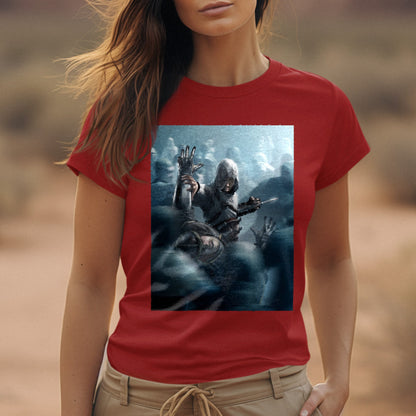 Assassin's Creed key visual tee worn by a model, red
