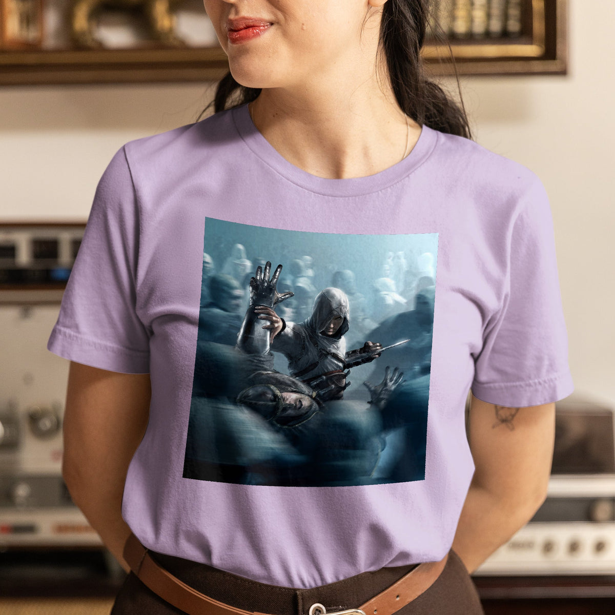 Assassin's Creed key visual tee worn by a model, violet