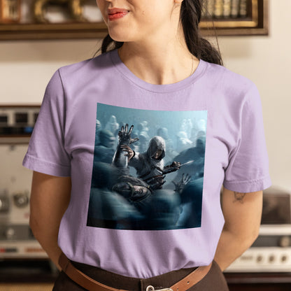 Assassin's Creed key visual tee worn by a model, violet