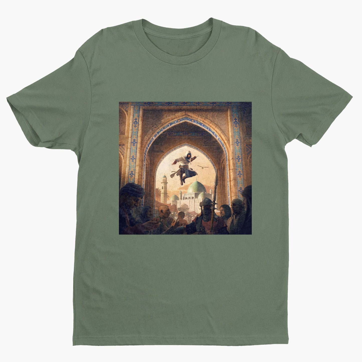 Assassin's Creed Mirage announcement key art tee - green unisex t-shirt, front view