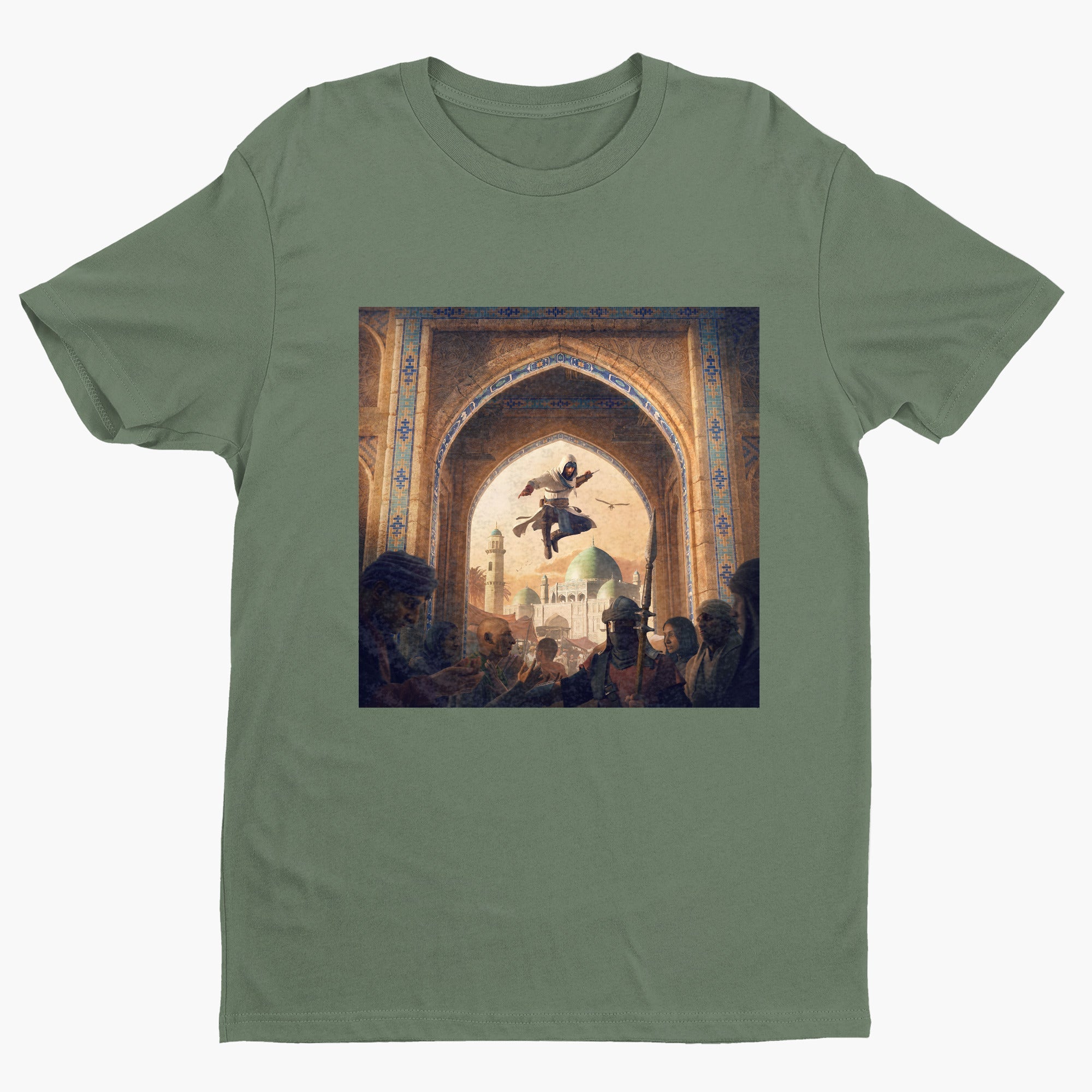 Assassin's Creed Mirage announcement key art tee - green unisex t-shirt, front view