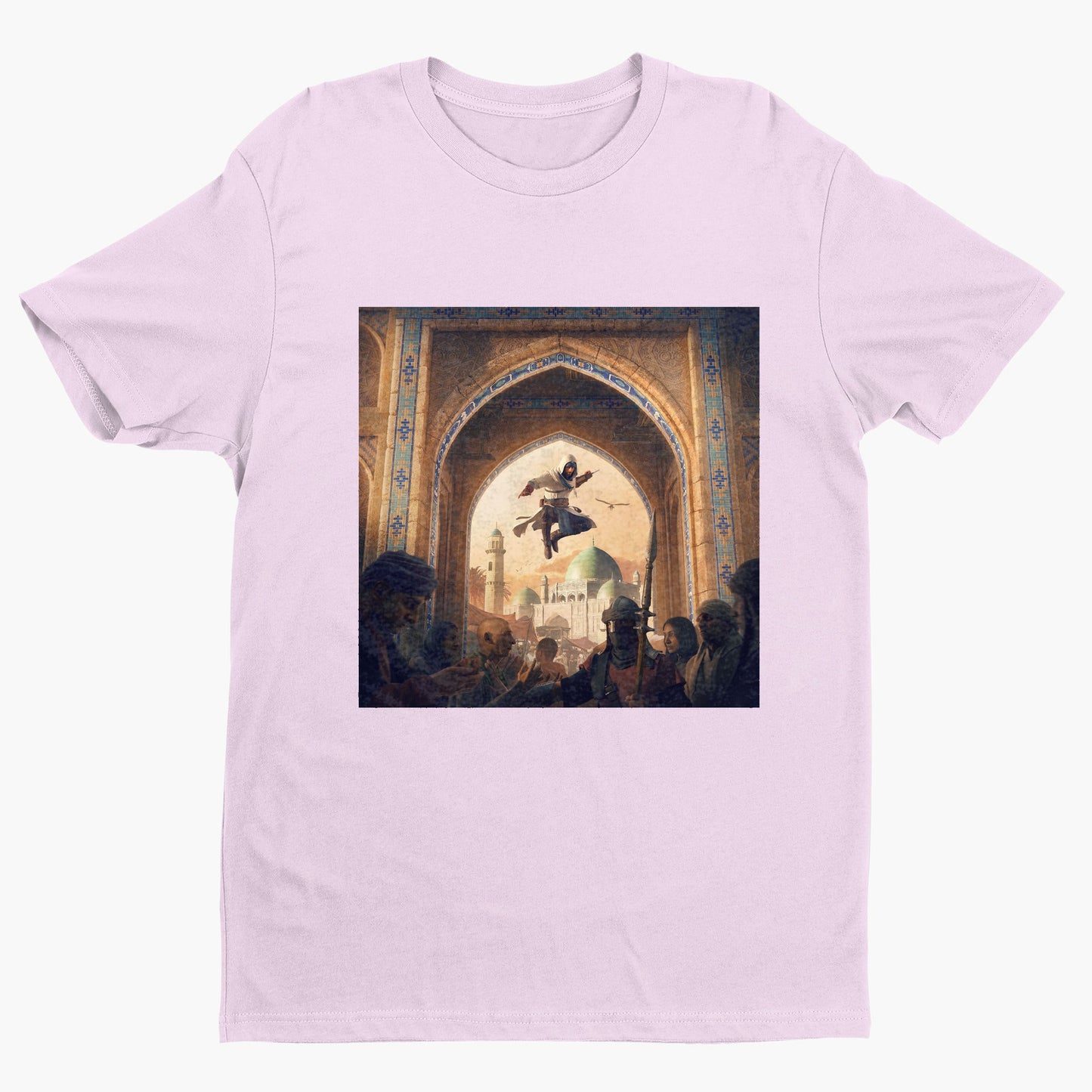 Assassin's Creed Mirage announcement key art tee - light pink unisex t-shirt, front view