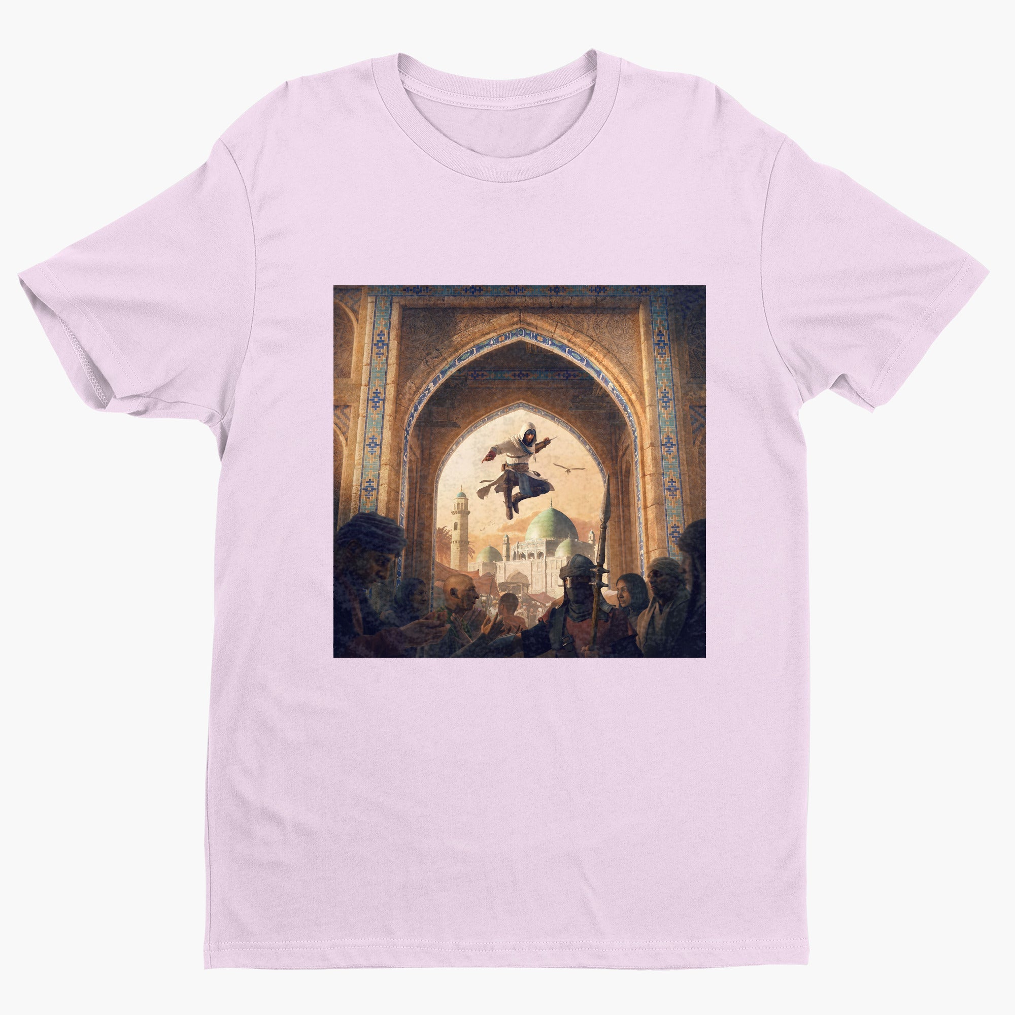 Assassin's Creed Mirage announcement key art tee - light pink unisex t-shirt, front view