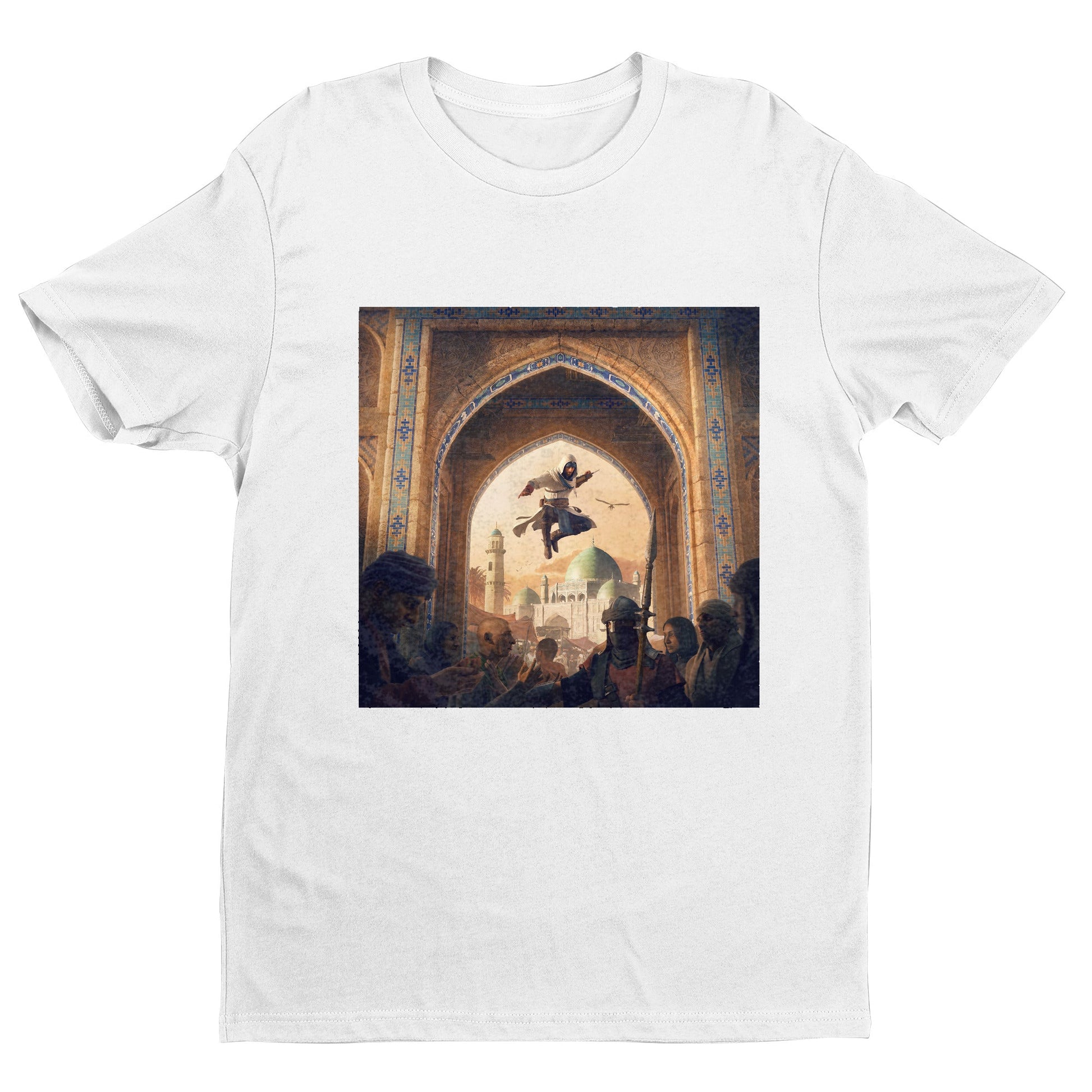 Assassin's Creed Mirage announcement key art tee - white unisex t-shirt, front view