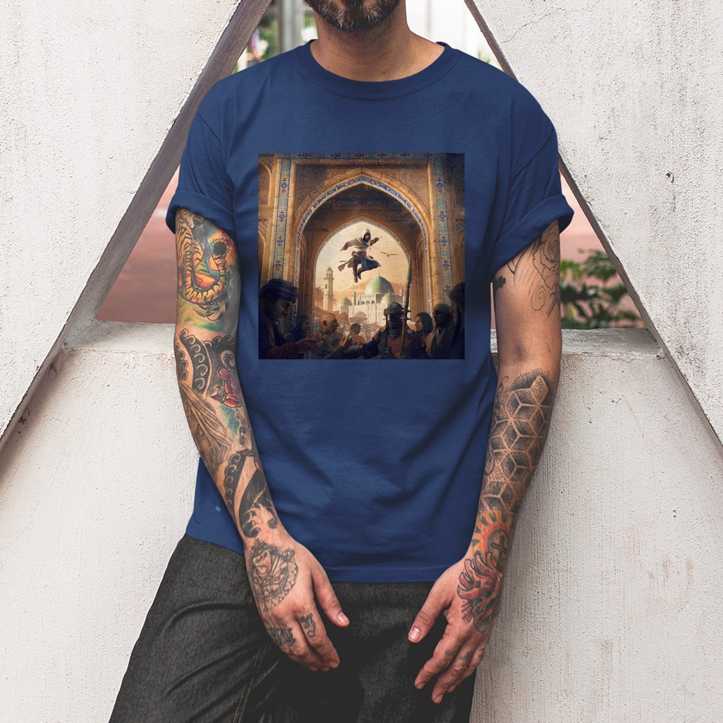 Assassin's Creed Mirage announcement key art tee worn by a model, navy