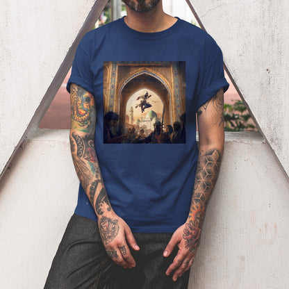 Assassin's Creed Mirage announcement key art tee worn by a model, navy
