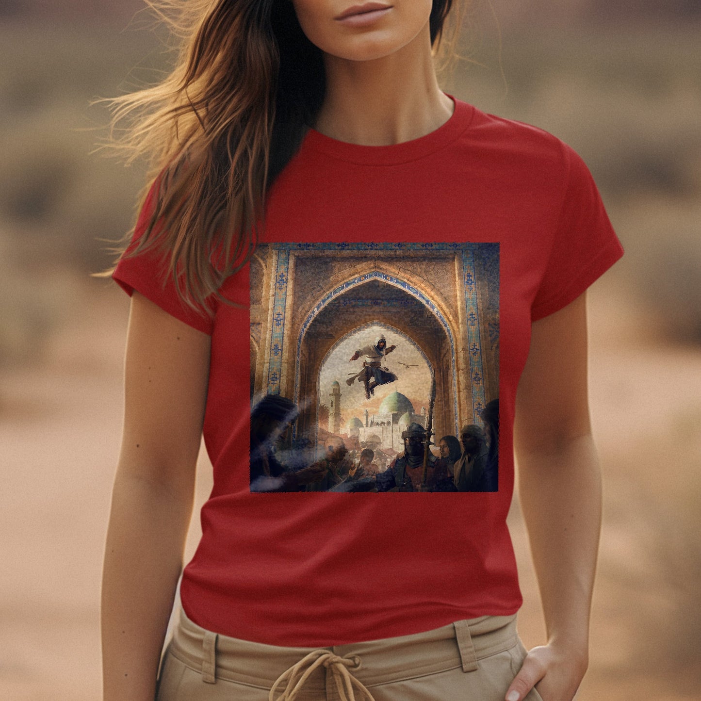 Assassin's Creed Mirage announcement key art tee worn by a model, red
