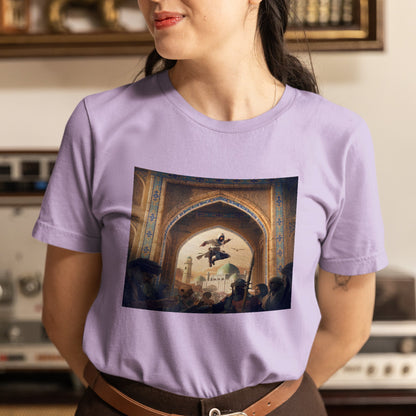 Assassin's Creed Mirage announcement key art tee worn by a model, violet