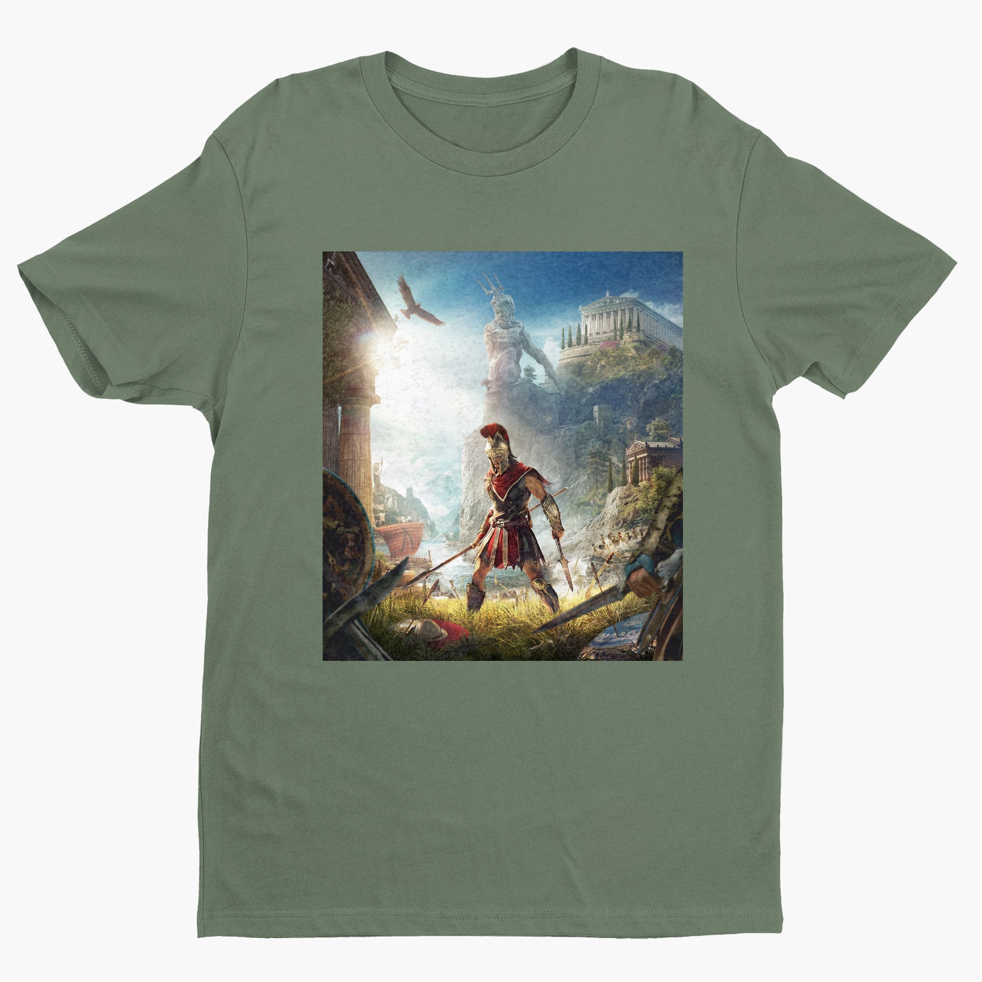 Assassin's Creed Odyssey cover art tee - green unisex t-shirt, front view