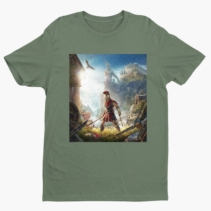 Assassin's Creed Odyssey cover art tee - green unisex t-shirt, front view