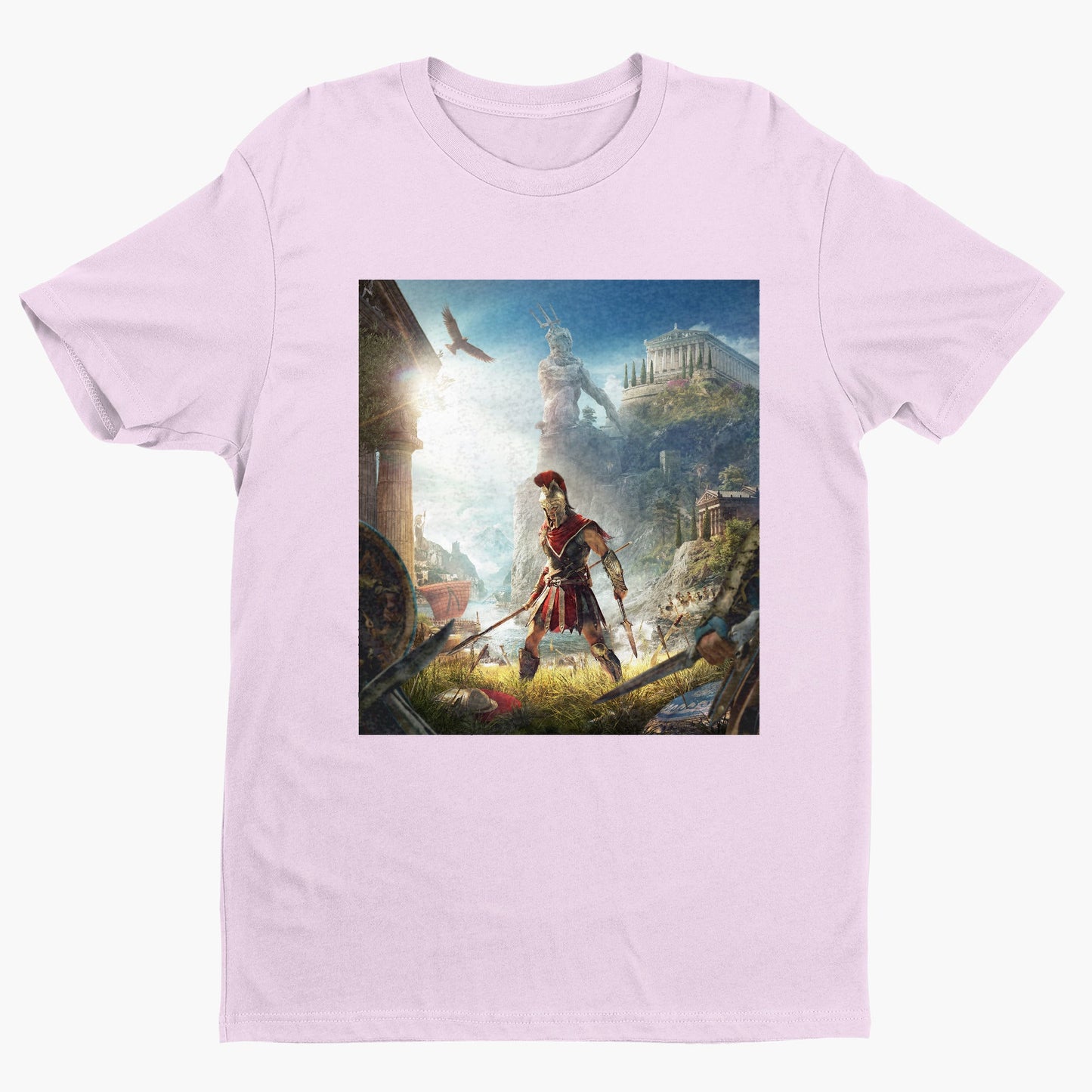 Assassin's Creed Odyssey cover art tee - light pink unisex t-shirt, front view