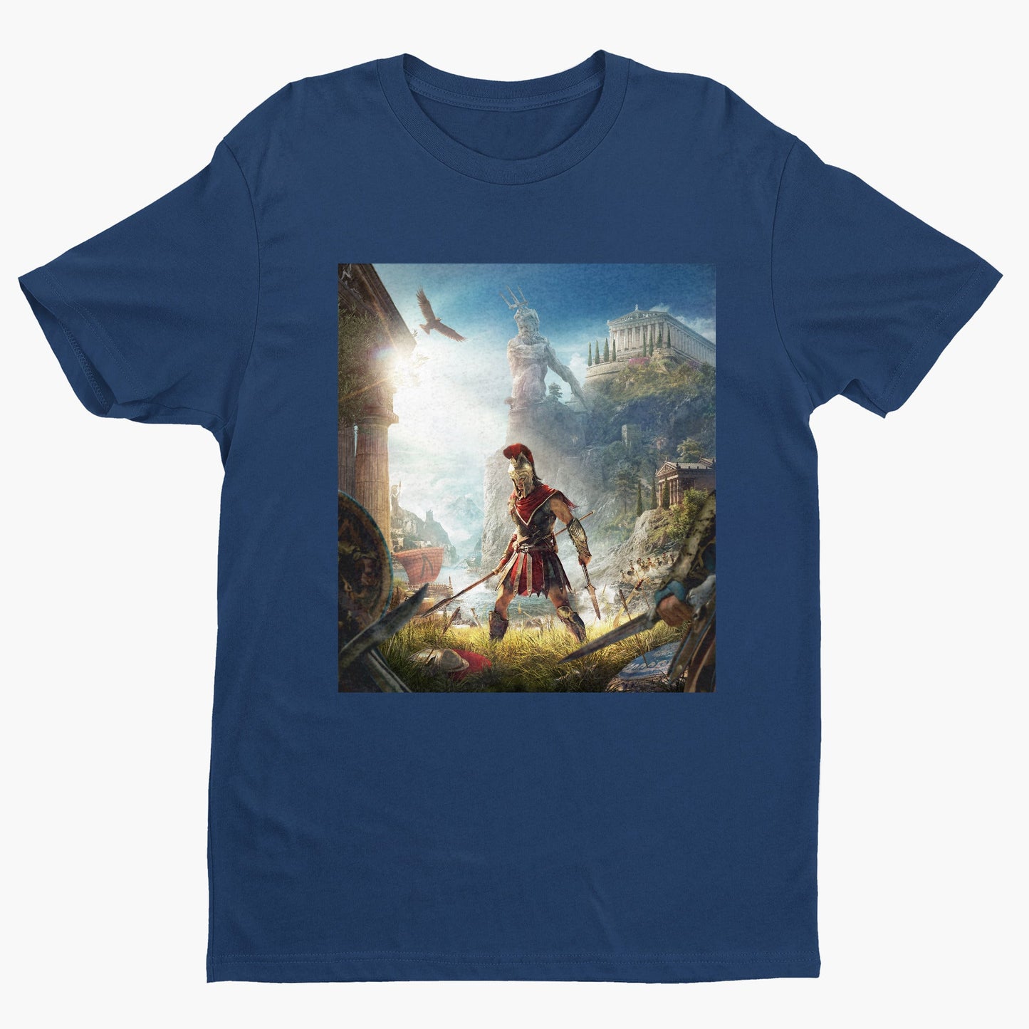 Assassin's Creed Odyssey cover art tee - navy unisex t-shirt, front view
