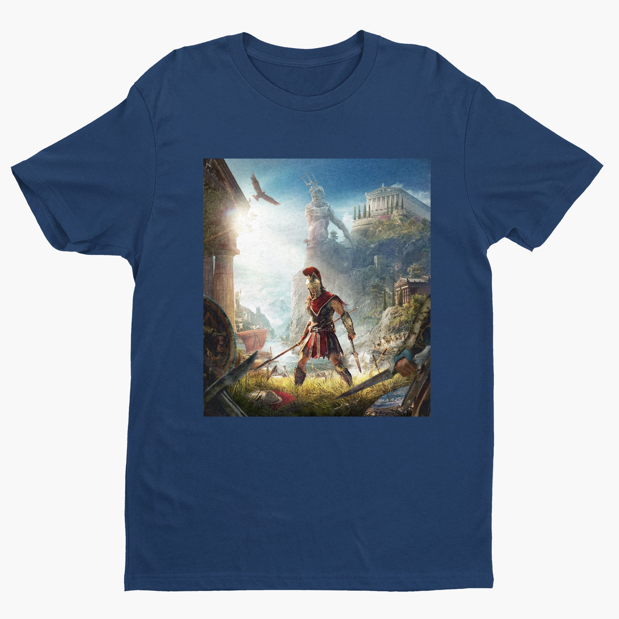 Assassin's Creed Odyssey cover art tee - navy unisex t-shirt, front view