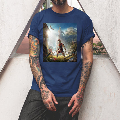 Assassin's Creed Odyssey cover art tee worn by a model, navy