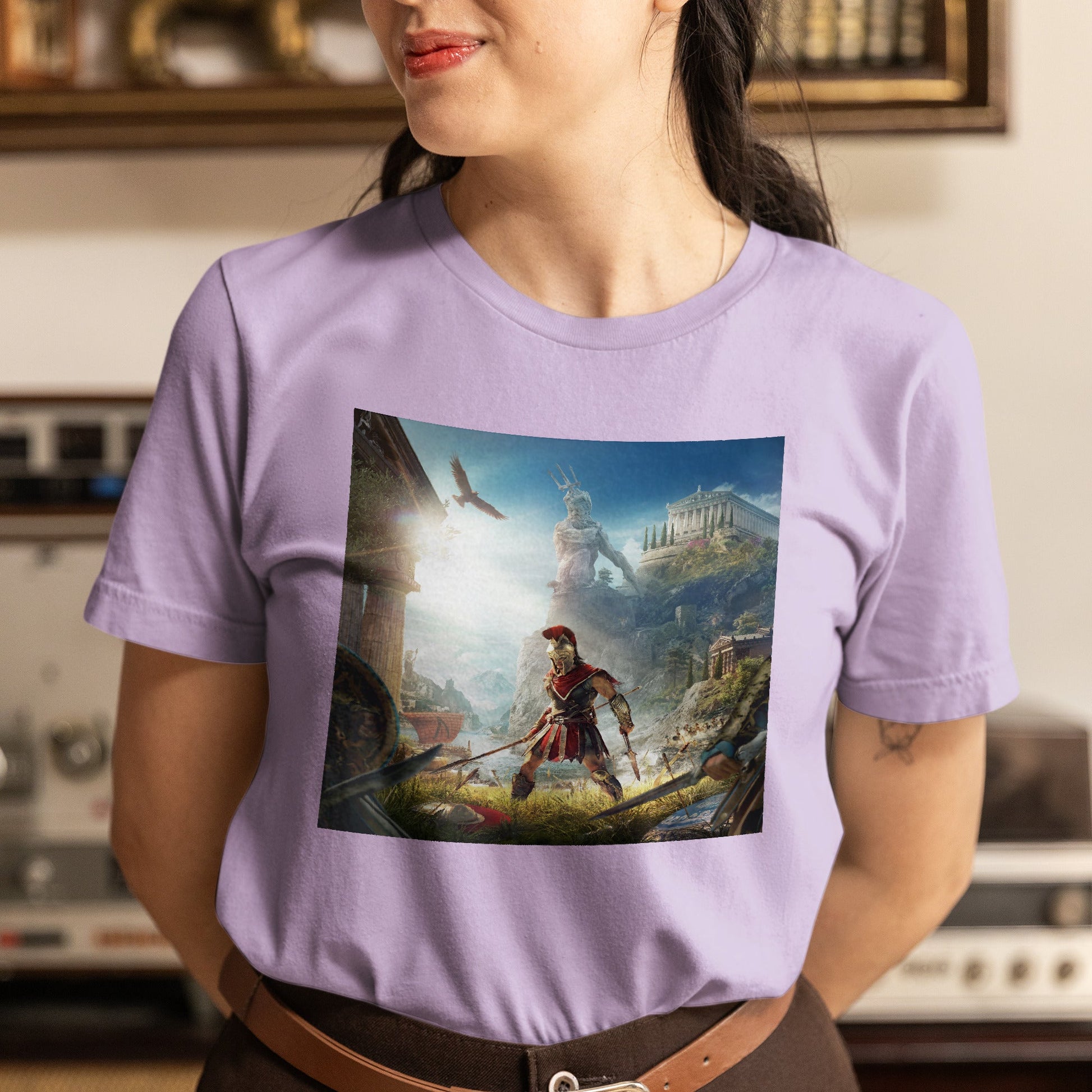 Assassin's Creed Odyssey cover art tee worn by a model, violet