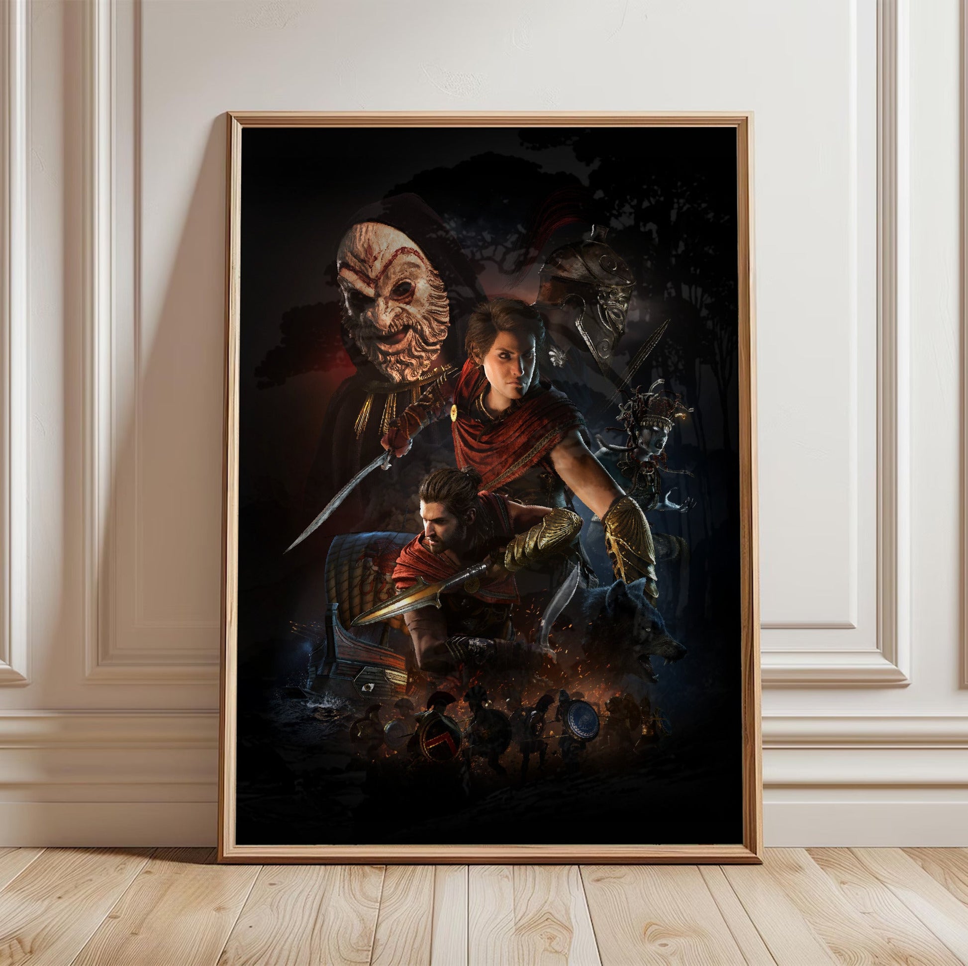 Assassin's Creed Odyssey promotional art in a light oak frame leaning against a white wall