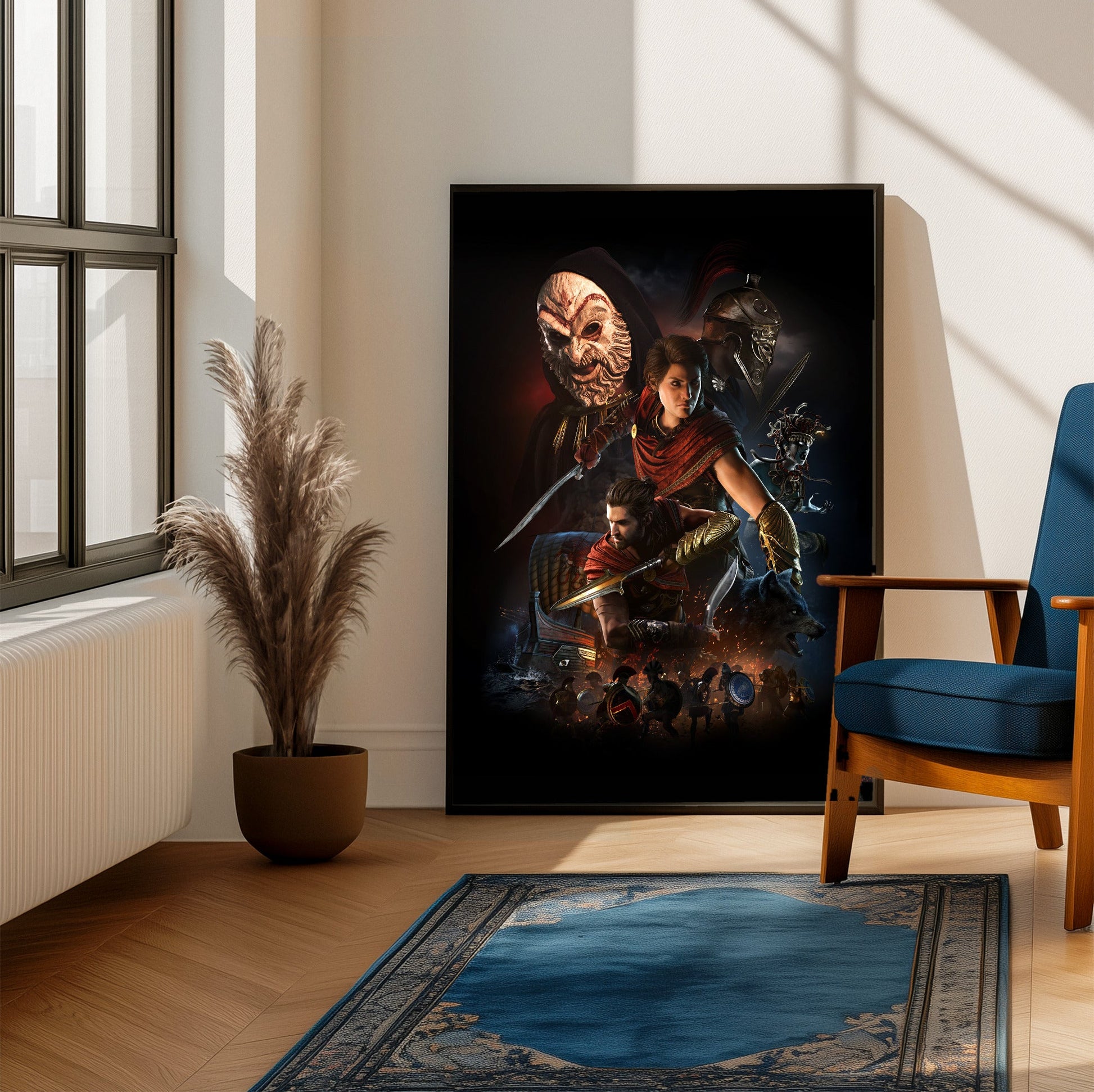Assassin's Creed Odyssey promotional art framed beside a blue armchair in a sunlit room