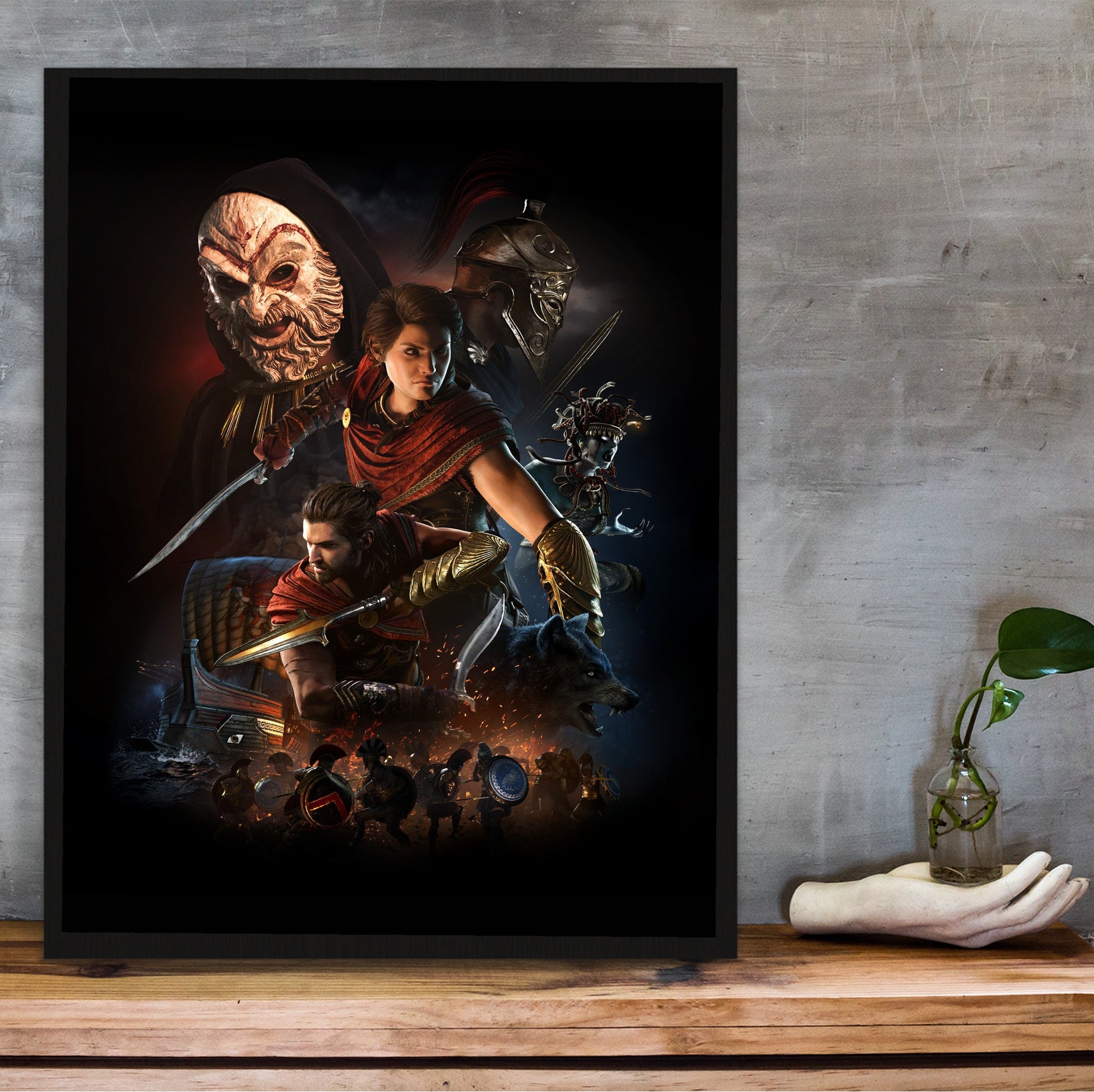 Assassin's Creed Odyssey promotional art in a black frame on a wooden shelf against concrete