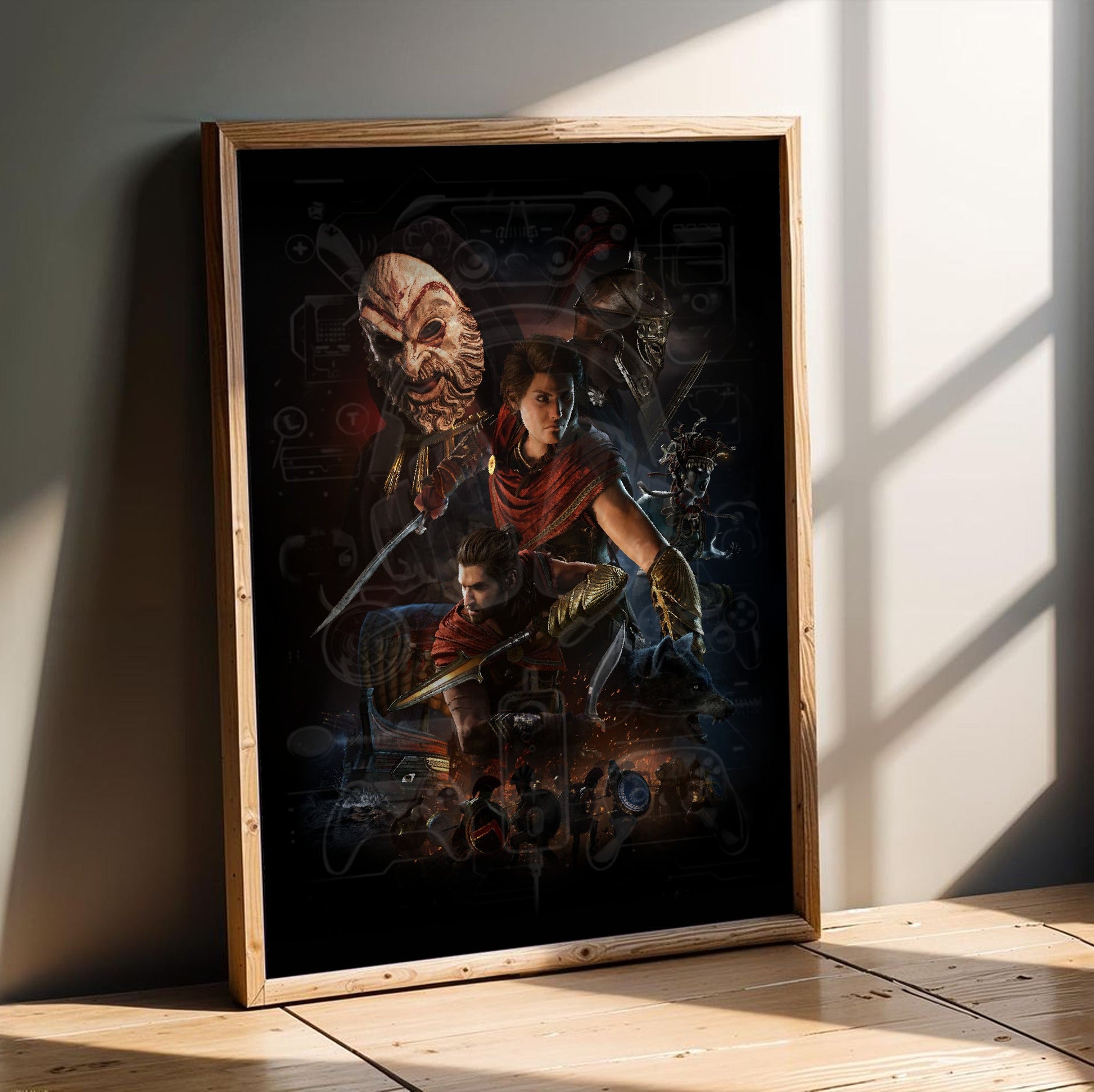 Assassin's Creed Odyssey promotional art in an oak frame leaning on a wooden floor